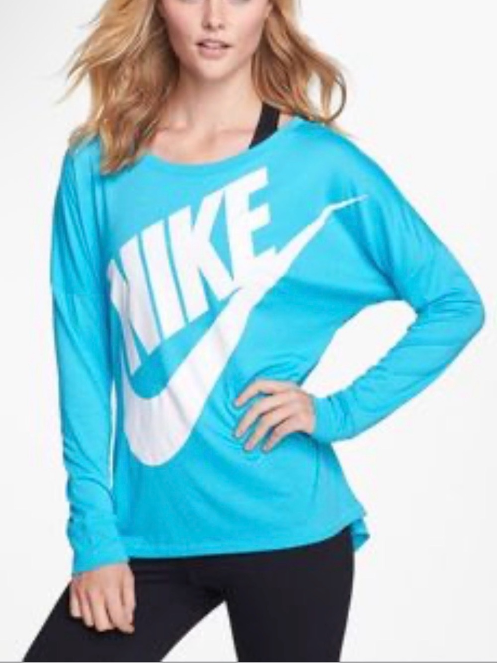 Nike Long-Sleeve Logo Tee - Teal Blue with White Swoosh